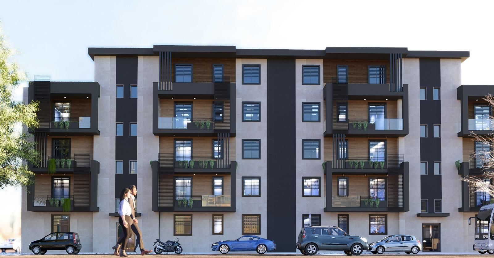 Render del Residence Faramondi visto da Via Montegrappa, con balconi incorniciati in antracite